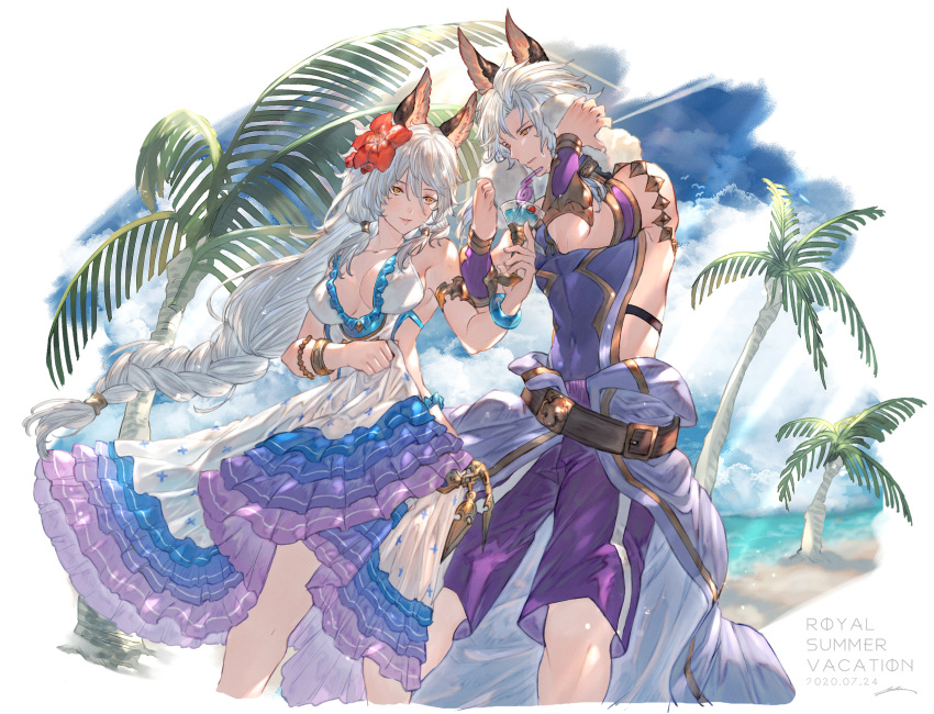 1boy armlet backless_outfit belt bracelet braid brother_and_sister clothes_lift erune female flower frilled_one-piece_swimsuit frills gauntlets granblue_fantasy heles heles_(summer)_(granblue_fantasy) hibiscus highres jewelry kubinobiruyo long_hair low-braided_long_hair low-tied_long_hair male_swimwear official_alternate_costume one-piece_swimsuit palm_tree sarong sarong_lift seruel siblings single_braid swim_trunks swimsuit tree white_hair white_one-piece_swimsuit