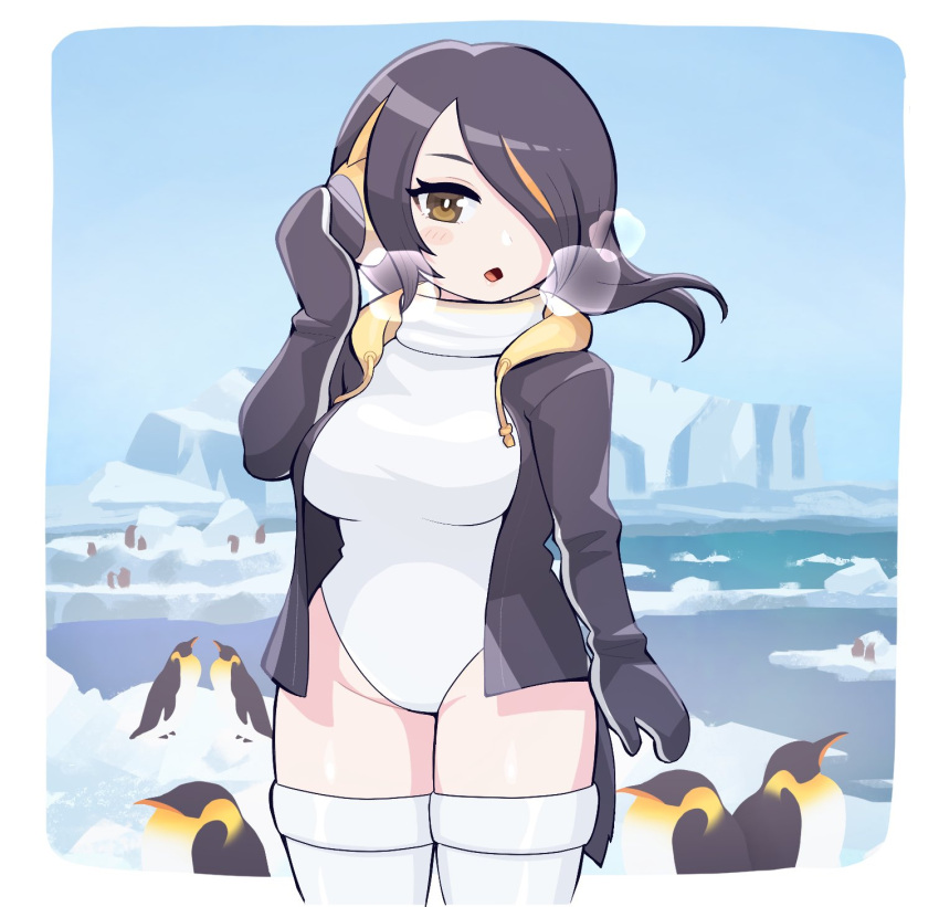 adjusting_clothes adjusting_headwear an-chan_(ananna0315) bird black_hair black_jacket black_mittens blue_sky breath emperor_penguin emperor_penguin_(kemono_friends) female hair_over_one_eye headphones highleg highleg_leotard highres hood hood_down hooded_jacket hoodie ice iceberg jacket kemono_friends leotard long_sleeves looking_at_viewer mittens multicolored_hair one-piece_swimsuit open_clothes open_hoodie open_jacket orange_hair penguin penguin_girl penguin_tail short_hair sky solo streaked_hair swimsuit tail thighhighs turtleneck turtleneck_leotard white_leotard white_thighhighs