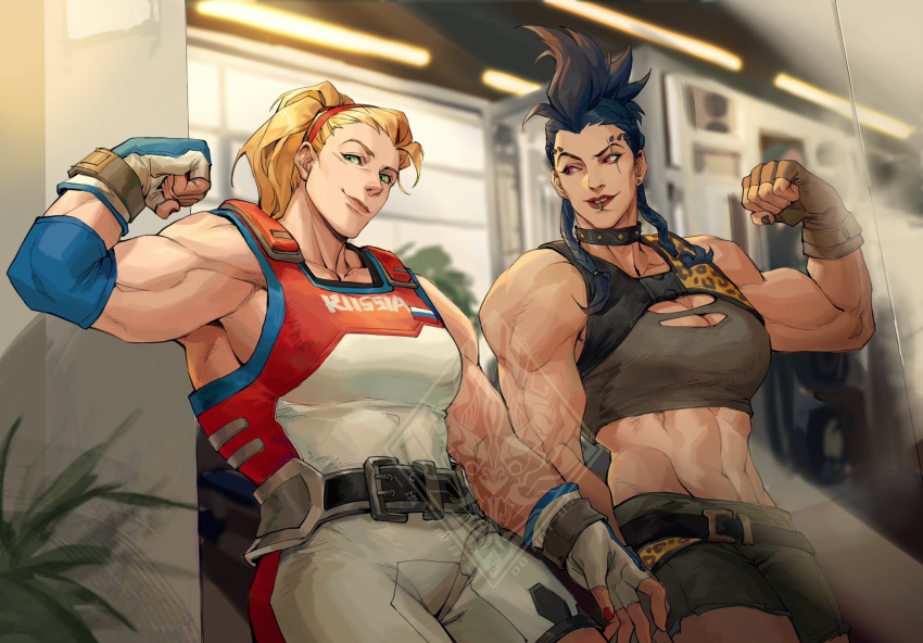 2girls abs animal_print beast_hunter_junker_queen belt biceps black_nails blonde_hair blue_hair breasts champion_zarya cleavage fingerless_gloves flexing gloves green_eyes highres junker_queen_(overwatch) leopard_print leotard looking_at_another looking_at_viewer mohawk mouth_piercing multiple_girls muscular muscular_female overwatch overwatch_2 ponytail red_eyes russian_flag shadowyahaha short_shorts shorts smile tank_top zarya_(overwatch)