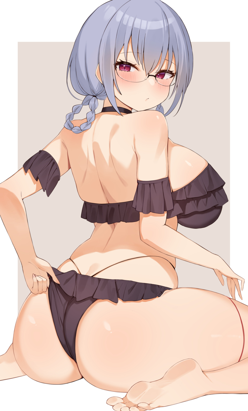 absurdres ass back bare_shoulders barefoot bikini black_bikini black_choker blush braid breasts choco_tanuki choker female from_behind glasses grey_hair hakase_fuyuki highres large_breasts nijisanji red_eyes sideboob sitting solo swimsuit twin_braids virtual_youtuber wariza