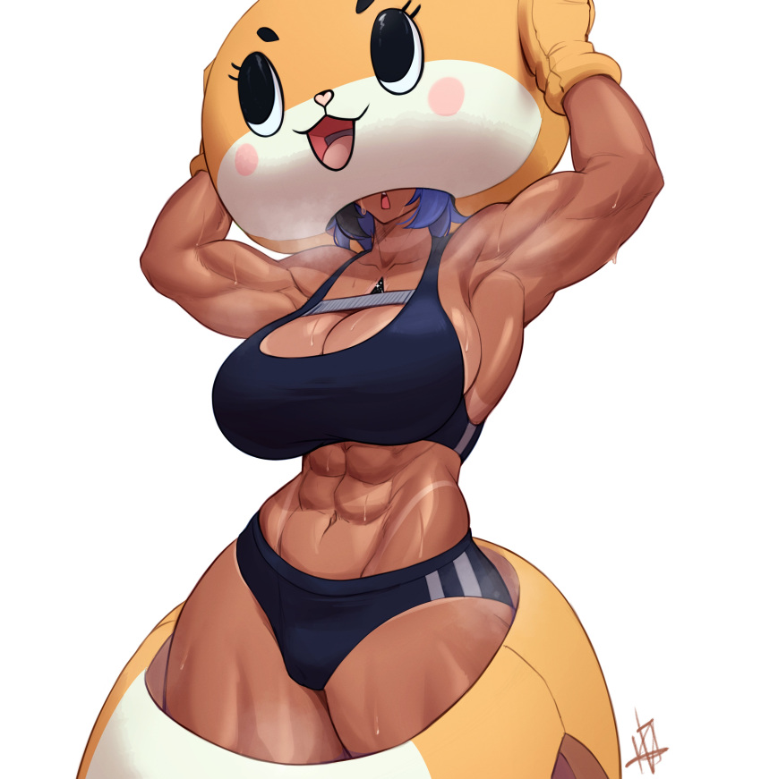 abs absurdres armpits breasts chiitan female highres large_breasts mascot_costume muscular muscular_female okasbasement open_mouth purple_hair short_hair shorts signature solo sweat tank_top thick_thighs thighs undressing white_background