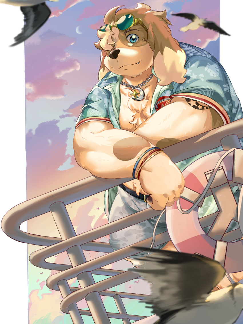 absurd_res aloha_shirt ambient_seagull anthro blonde_hair blue_eyes boat bottomwear brown_body brown_fur canid canine canis clothing detailed_background domestic_dog eyewear eyewear_on_head floppy_ears fur hair hechaxianzhi hi_res hisaki_(live_a_hero) lifewonders live_a_hero male mammal pattern_clothing pattern_shirt pattern_topwear shirt shorts smile solo sunglasses sunglasses_on_head swim_ring tattoo topwear vehicle watercraft