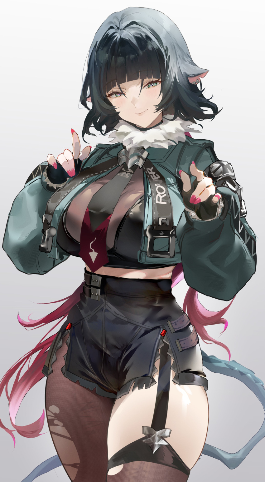 absurdres animal_ears black_hair black_shorts black_thighhighs crop_top earrings female green_eyes grey_jacket highres hitaki_yuu jacket jane_doe_(zenless_zone_zero) jewelry long_hair looking_at_viewer midriff mouse_ears mouse_girl mouse_tail multicolored_hair pantyhose red_hair shorts smile solo tail thighhighs thighs torn_clothes torn_pantyhose torn_thighhighs two-tone_hair zenless_zone_zero