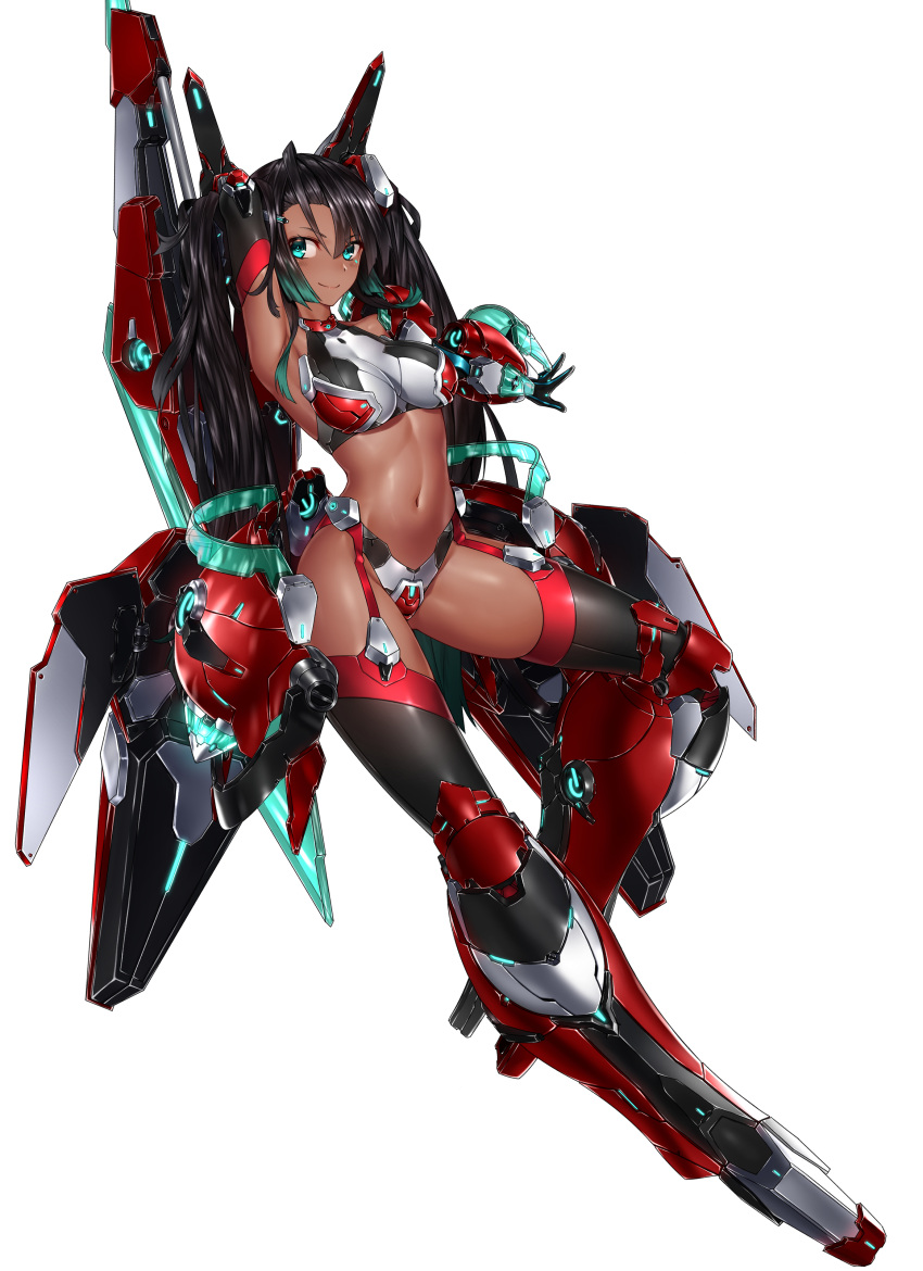 absurdres armor arms_up bikini_armor black_hair breasts dark-skinned_female dark_skin female full_body green_eyes highres kai_(pixiv12466647) long_hair looking_at_viewer mecha_musume mechanical_legs mechanical_wings navel original simple_background small_breasts solo tan very_long_hair white_background wings