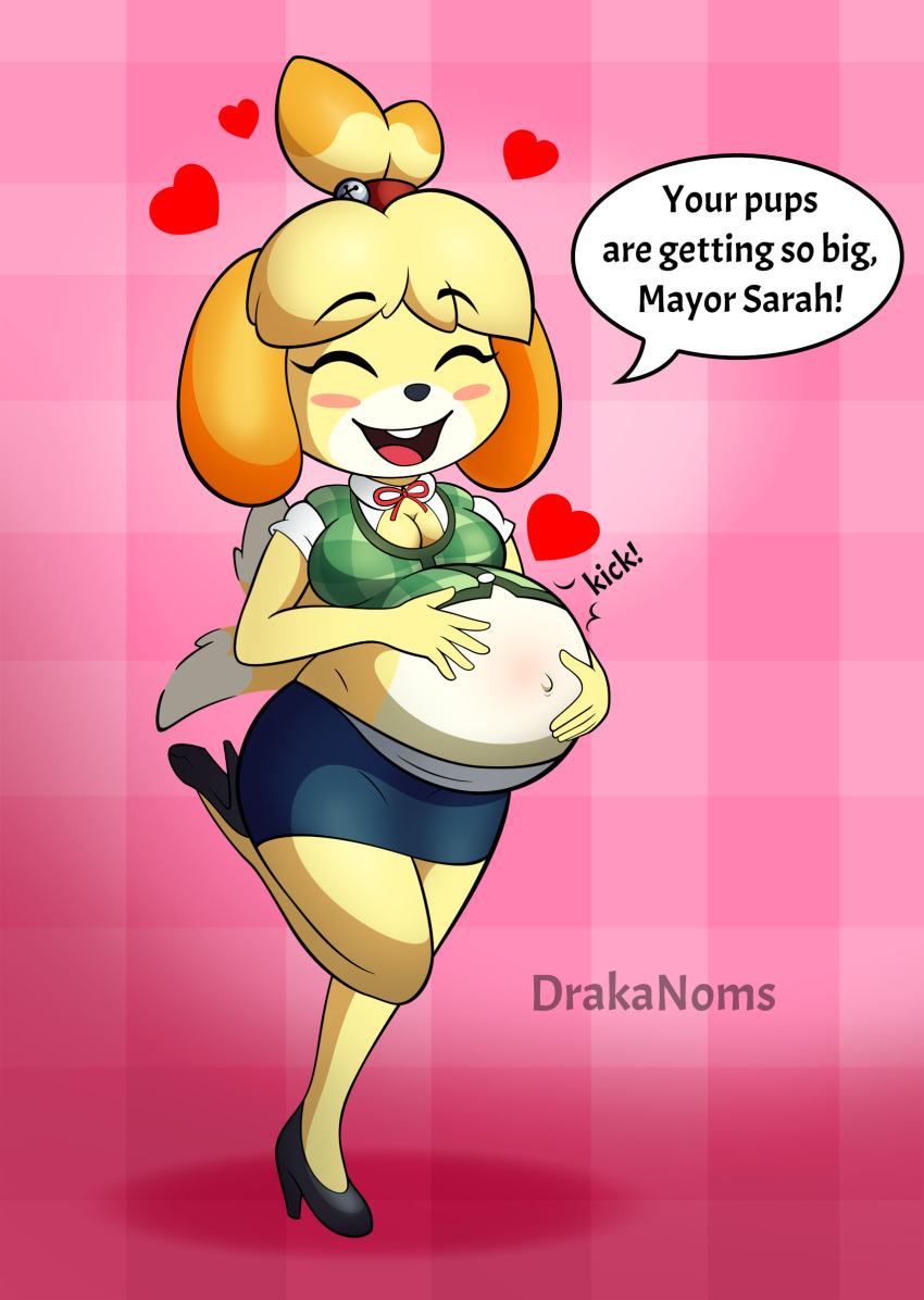 absurd_res animal_crossing anthro belly_blush blush body_blush breasts canid canine canis cardigan cleavage clothed clothing dialogue domestic_dog drakanoms english_text female heart_symbol hi_res isabelle_(animal_crossing) mammal nintendo pregnant pregnant_anthro pregnant_female shih_tzu solo text toy_dog