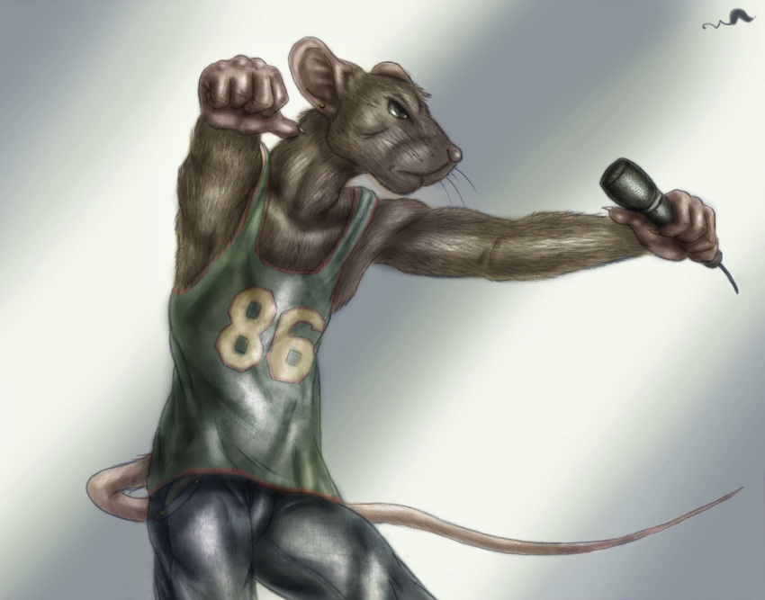 black_body black_fur clothed clothing conditional_dnp ear_piercing ear_stud electronics fur male mammal microphone murid murine muscular muscular_male music piercing rat rodent solo story story_in_description whimsicalsquirrel