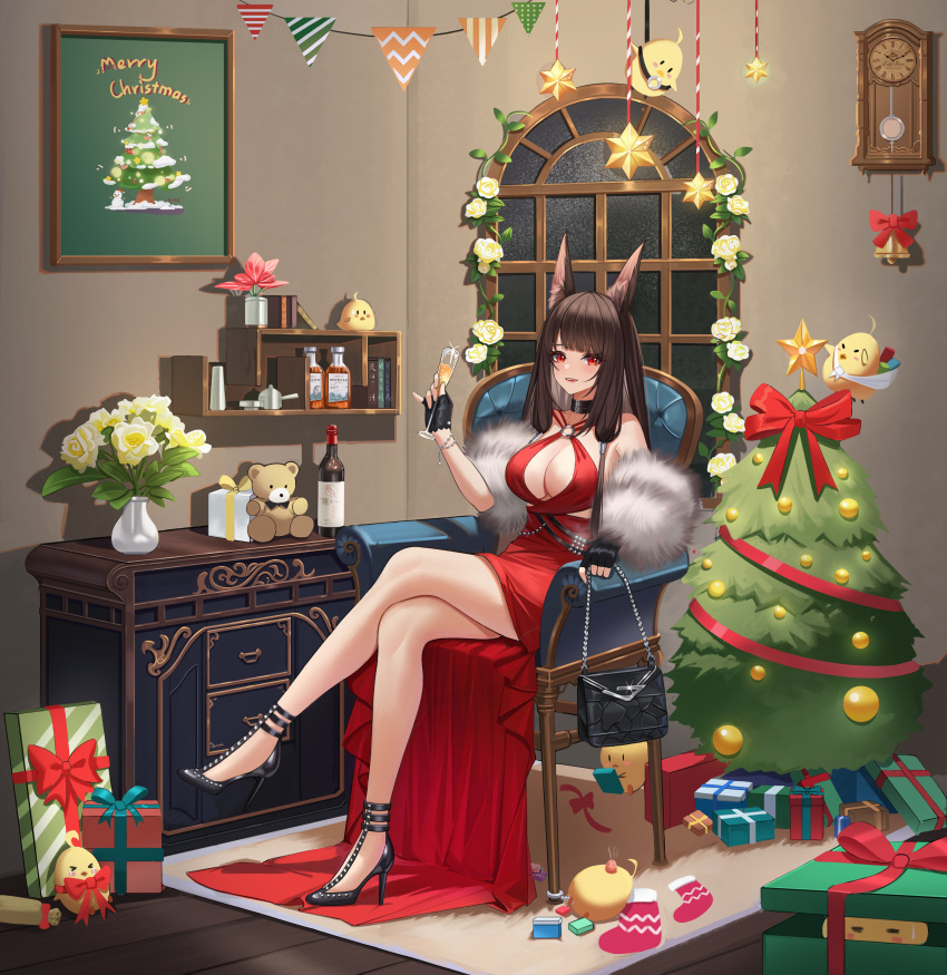 absurdres akagi_(azur_lane) akagi_(ruby-laced_beauty)_(azur_lane) animal_ears azur_lane bag black_bag black_footwear black_gloves bottle box breasts brown_hair center_opening champagne_flute christmas christmas_tree cleavage cocktail_dress criss-cross_halter crossed_legs cup dress drinking_glass evening_gown feather_boa female fingerless_gloves flower full_body gift gift_box gloves halter_dress halterneck high_heels highres holding holding_bag indoors large_breasts long_dress long_hair manjuu_(azur_lane) nanqizizhou night o-ring_dress official_alternate_costume red_dress red_eyes rose sitting sleeveless sleeveless_dress solo stiletto_heels stuffed_animal stuffed_toy teddy_bear wine_bottle yellow_flower yellow_rose