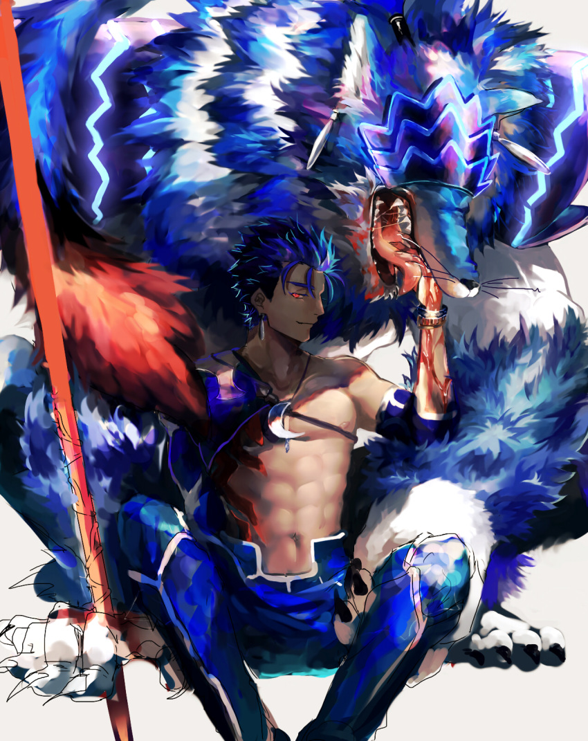 1boy 1other abs beads blood blue_hair body_fur bodypaint bracelet claws closed_mouth crescent crescent_necklace cu_chulainn_(fate) cu_chulainn_(fate/stay_night) cu_chulainn_(prisma_illya) cu_chulainn_(second_ascension)_(fate) detached_sleeves dog_boy earrings fate/grand_order fate/kaleid_liner_prisma_illya fate/stay_night fate_(series) furry furry_male gae_bolg_(fate) hair_beads hair_ornament highres jewelry licking looking_at_viewer male_focus mask muscular muscular_male necklace nipples official_alternate_costume pants polearm ponytail red_eyes saliva short_hair sitting slit_pupils smile spear spiked_hair strap teeth tongue topless_male weapon whiskers wolf_boy yuu_(guruko)