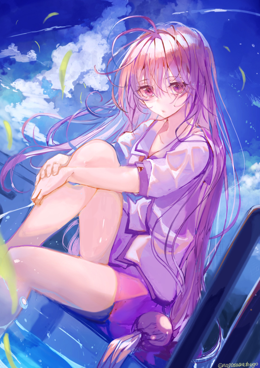 antenna_hair cloud day female hair_between_eyes hair_ornament highres iriya_kana iriya_no_sora_ufo_no_natsu long_hair looking_at_viewer low-tied_long_hair nagasawa_tougo outdoors parted_lips purple_hair purple_skirt sailor_collar school_uniform serafuku short_sleeves sitting skirt sky solo twitter_username water