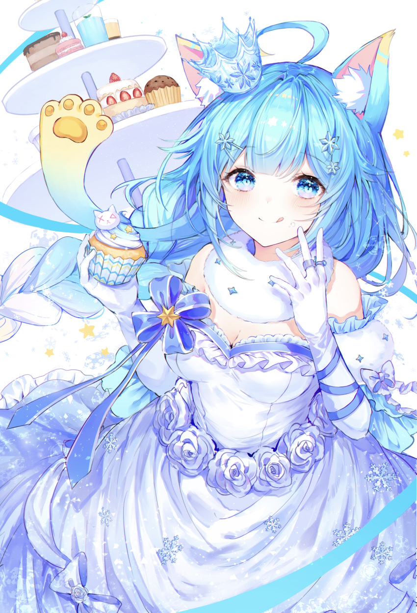 :q absurdres ahoge animal_ear_fluff animal_ears blue_eyes blue_hair blue_ribbon blush breasts cat_ears cleavage closed_mouth crown cupcake dress elbow_gloves female flower food food_on_face frilled_dress frills fur_collar gloves gradient_hair hair_ornament highres holding holding_food indie_virtual_youtuber jewelry lanmewko large_breasts long_hair looking_at_viewer mini_crown multicolored_hair multiple_rings noyu_(noyu23386566) ribbon ring simple_background smile snowflake_hair_ornament solo star_(symbol) tiered_tray tongue tongue_out very_long_hair virtual_youtuber white_background white_dress white_flower white_gloves white_hair