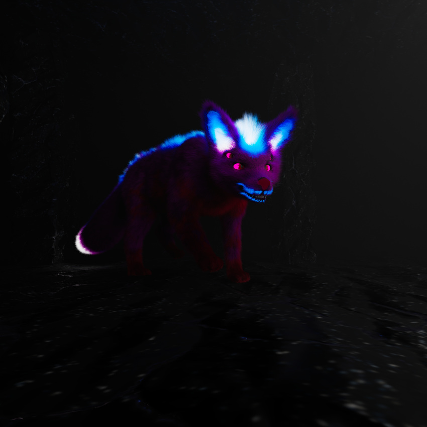 1:1 3d_(artwork) 4_eyes absurd_res after_transformation akaifox alice_(akaifox) angry autodesk_maya_(artwork) bared_teeth blue_body blue_fur blue_markings canid canine cave digital_media_(artwork) female feral fox fur glowing glowing_body glowing_fur glowing_markings glowing_tail glowing_tail_tip hi_res mammal markings monster multi_eye purple_body purple_fur purple_sclera red_body red_eyes red_fur smaller_version_at_source solo stalking tail teeth teeth_(marking) teeth_showing whiskers