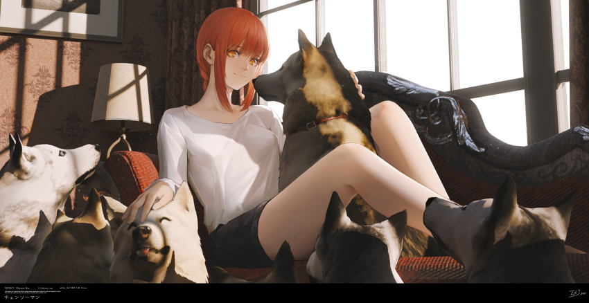 absurdres animal_collar black_shorts braid braided_ponytail breasts canine casual chainsaw_man closed_mouth collar commentary copyright_name couch dated dated_commentary day english_commentary english_text erjian female full_body highres indoors lamp looking_at_viewer makima_(chainsaw_man) medium_breasts medium_hair orange_eyes petting red_hair ringed_eyes shirt shorts sidelocks signature sitting smile sunlight white_shirt window