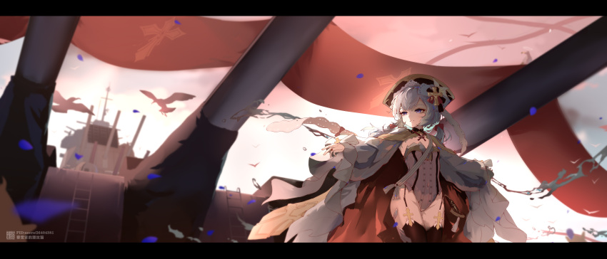 absurdres azur_lane battleship bird black_thighhighs blurry cape commentary_request cross_hair_ornament depth_of_field facing_away female flandre_(azur_lane) garter_straps grey_eyes grey_leotard groin hair_between_eyes hair_ornament hair_ribbon hat highleg highleg_leotard highres incredibly_absurdres leotard liwendala long_hair military_vehicle outdoors outstretched_arms parted_lips ribbon scenery seagull ship sidelocks solo spread_arms strapless strapless_leotard thighhighs turret vehicle_and_personification warship watercraft