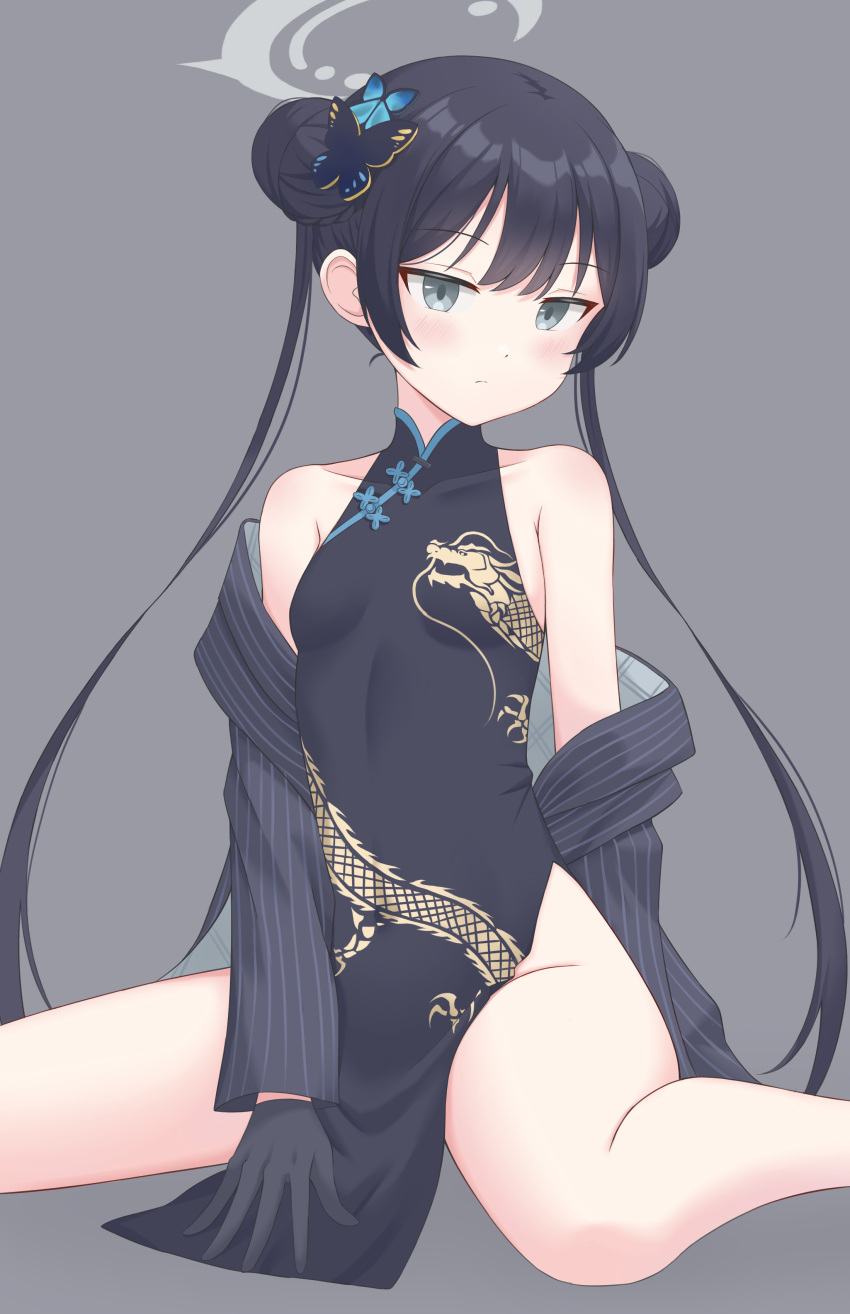 absurdres bare_shoulders black_dress black_gloves blue_archive breasts butterfly_hair_ornament china_dress chinese_clothes closed_mouth commentary double_bun dragon_print dress female gloves grey_background grey_eyes hair_bun hair_ornament halo highres jacket kisaki_(blue_archive) kyujuukyu long_hair long_sleeves looking_at_viewer pelvic_curtain simple_background sitting sleeveless sleeveless_dress small_breasts solo striped_clothes striped_jacket thighs twintails vertical-striped_clothes vertical-striped_jacket