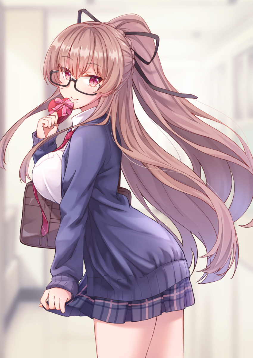 azur_lane bag black_ribbon box braid brown_hair check_commentary commentary_request female gift gift_box glasses hair_ribbon heart-shaped_box highres jacket long_hair mole mole_under_mouth necktie official_alternate_costume open_clothes open_jacket plaid plaid_skirt ponytail red_necktie ribbon school_bag school_uniform shirt skirt solo standing swiftsure_(azur_lane) swiftsure_(study_hall_cyclamen)_(azur_lane) valentine white_shirt yuki_shizuku