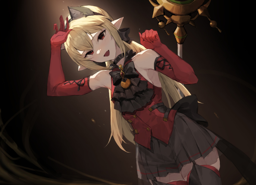 :d animal_ears arm_up armpits bare_shoulders black_bow black_choker black_skirt black_thighhighs blonde_hair bow bowtie choker commentary commission cowboy_shot dungeon_and_fighter elbow_gloves elementalist_(dungeon_and_fighter) english_commentary fake_animal_ears female garter_straps gloves hairband highres long_hair looking_at_viewer low_twintails mage_(dungeon_and_fighter) miniskirt molyb oerba_yun_fang pleated_skirt pointy_ears red_eyes red_gloves red_shirt shirt skirt sleeveless sleeveless_shirt smile solo staff thighhighs twintails zettai_ryouiki