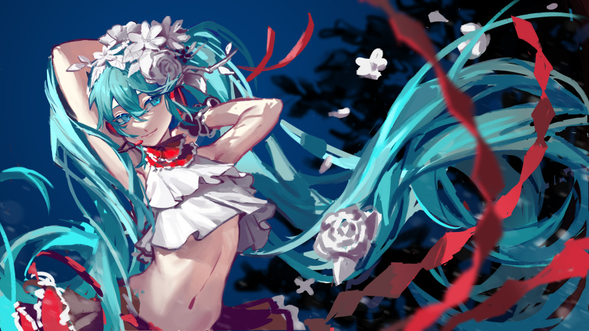 absurdly_long_hair absurdres arms_up bare_arms bless_you_(module) blue_background blue_eyes blue_hair blurry blurry_foreground chinese_commentary commentary_request crop_top female floating_hair flower hair_between_eyes hair_flower hair_ornament hatsune_miku headphones headset highres kako_(pixiv77158173) long_hair microphone midriff miniskirt mixed-language_commentary navel nisoku_hokou_(vocaloid) project_diva_(series) red_skirt skirt solo standing stomach twintails very_long_hair vocaloid white_flower