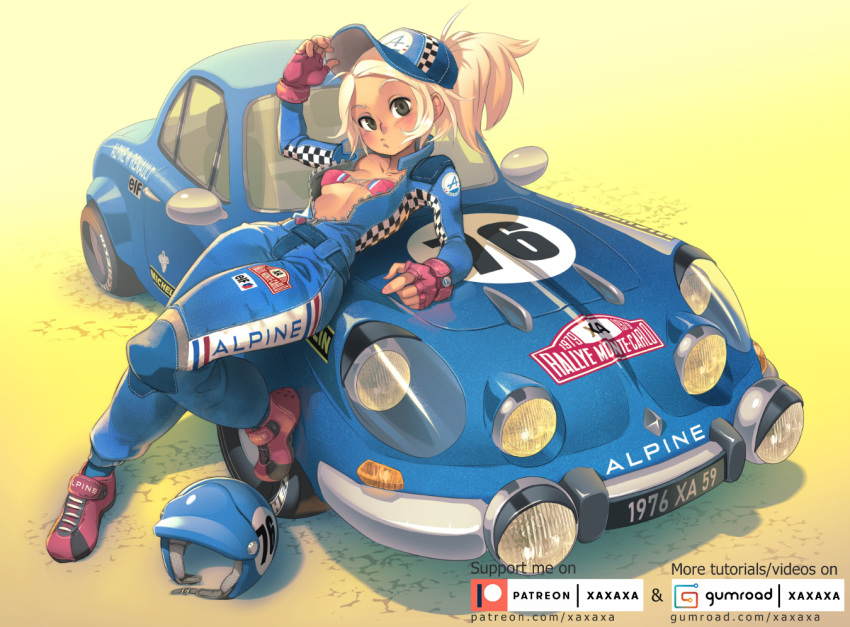 alpine_(carmaker) alpine_a110 baseball_cap bikini bikini_under_clothes blonde_hair blue_hat blue_jumpsuit blush breasts car commentary dark-skinned_female dark_skin day english_commentary eyepatch_bikini female fingerless_gloves full_body gloves grey_eyes hat hat_tip head_tilt helmet jumpsuit leaning_back long_hair looking_at_viewer motor_vehicle on_vehicle original paid_reward_available pink_bikini pink_footwear pink_gloves ponytail race_vehicle racecar racing_suit raised_eyebrows renault shoes small_breasts sneakers solo stomach swimsuit thick_thighs thighs unworn_headwear unworn_helmet unzipped vehicle_focus watermark web_address wide_hips xaxaxa