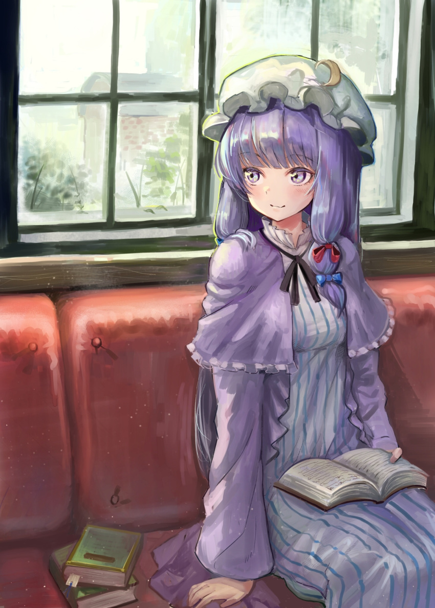 black_ribbon book book_on_lap book_stack commentary_request couch crescent crescent_hat_ornament day dress female hair_ribbon hat hat_ornament highres holding holding_book indoors isemori long_hair looking_to_the_side mob_cap neck_ribbon on_couch open_book patchouli_knowledge purple_eyes purple_hair purple_robe ribbon robe sidelocks sitting smile solo striped_clothes striped_dress touhou tress_ribbon vertical-striped_clothes vertical-striped_dress very_long_hair white_hat window