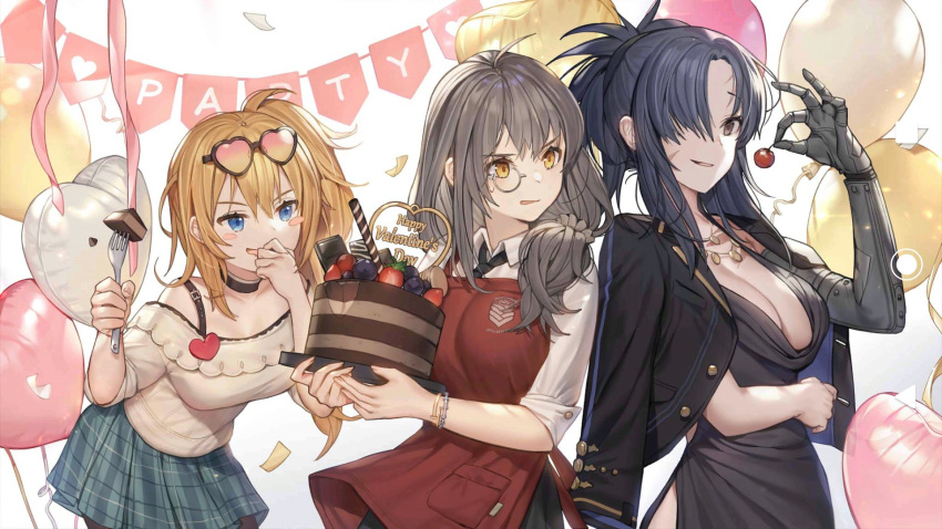 3girls angelia_(girls'_frontline) annoyed apron back-to-back balloon black_dress black_hair black_jacket blonde_hair blue_eyes blush blush_stickers bra_strap bracelet breasts brown_eyes cake cherry chocolate chocolate_cake choker cleavage collared_shirt commentary_request covering_own_mouth dress english_text eyewear_on_head food fork fruit girls'_frontline grey_hair hair_over_one_eye hand_over_own_mouth happy_valentine heart heart-shaped_eyewear heart_balloon helianthus_(girls'_frontline) highres holding holding_fork jacket jacket_on_shoulders jewelry kalina_(girls'_frontline) leaning_forward letter_banner long_hair looking_at_another looking_at_viewer mechanical_arms medium_breasts monocle multiple_girls necklace necktie off-shoulder_shirt off_shoulder official_art pale_skin party pink-tinted_eyewear plaid plaid_skirt ponytail prosthesis prosthetic_arm protected_link scar scar_on_cheek scar_on_face shirt side_ponytail side_slit single_mechanical_arm skirt smirk streamers sunglasses sweatdrop tinted_eyewear valentine whoisshe yellow_eyes