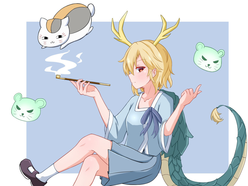 antlers bad_proportions black_footwear blonde_hair blue_background blue_bow blue_shirt blue_skirt blue_sleeves border bow closed_mouth crossed_legs dragon_tail female hair_between_eyes hands_up highres horns kicchou_yachie long_sleeves natsume_yuujinchou nyanko-sensei otter_spirit_(touhou) red_eyes shirt shoes short_hair simple_background sitting skirt smoke socks solo spirit tail tasuku_(tusktouhou4) touhou very_short_hair white_border white_socks