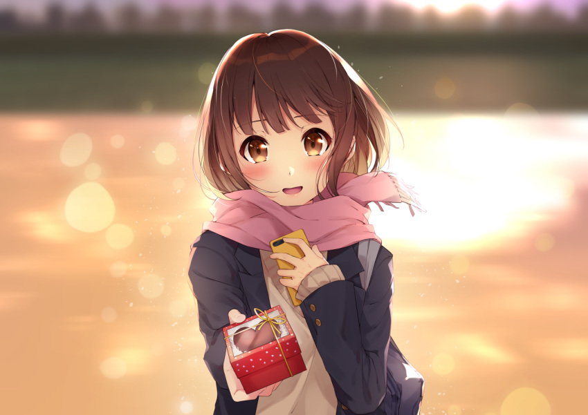 bag black_jacket blue_bag blurry blurry_background blush bon_(bonbon315) box brown_eyes brown_hair candy chocolate commentary_request female food grey_scarf heart heart-shaped_chocolate holding holding_bag holding_box holding_phone incoming_gift jacket looking_at_viewer official_art open_mouth original outdoors phone scarf short_hair solo valentine