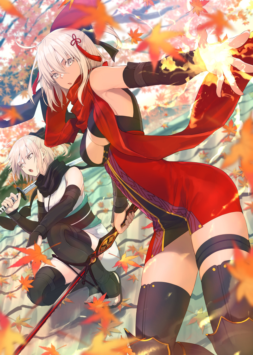 2girls :o absurdres ahoge autumn_leaves black_scarf black_thighhighs blurry blurry_background blurry_foreground commentary_request detached_sleeves dress elbow_gloves fate/grand_order fate_(series) feet_out_of_frame gloves grey_eyes grey_hair hair_between_eyes highres koha-ace kurogiri leaf maple_leaf multiple_girls obi okita_souji_(fate) okita_souji_(koha-ace) okita_souji_alter_(fate) okita_souji_alter_(first_ascension)_(fate) open_mouth outstretched_hand over_shoulder pencil_dress red_dress red_scarf sash scarf sidelocks squatting standing sword sword_over_shoulder tassel thighhighs tied_hair tree weapon weapon_over_shoulder white_dress