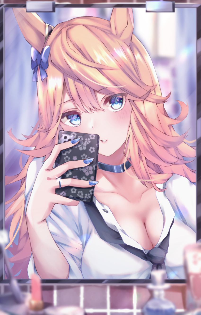 alternate_costume animal_ears bad_id bad_pixiv_id blonde_hair blue_eyes blue_nails bow breasts cellphone choker cleavage cosmetics female gold_city_(umamusume) highres hojiro_same horse_ears horse_girl jewelry long_hair makeup mirror necktie phone ring school_uniform selfie smartphone umamusume