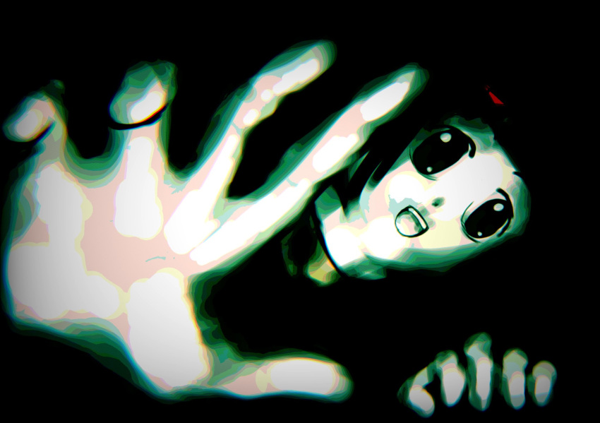 :d black_background character_mask commentary_request crawling female hair_ornament hairclip highres horror_(theme) inaina_nainai looking_at_viewer lying mask monochrome nazono_mito night_vision nijisanji on_stomach open_hand open_mouth outstretched_arm reaching reaching_towards_viewer smile solo spot_color teeth tsukino_mito upper_body upper_teeth_only virtual_youtuber