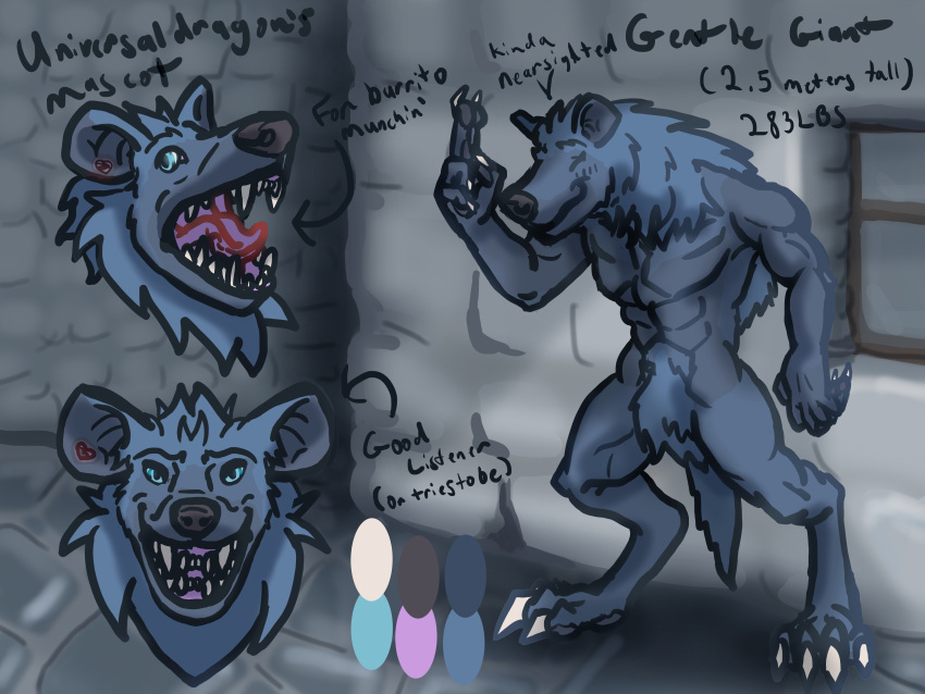 4:3 absurd_res anthro blue_body blue_fur claws fangs fur gnoll heart_piercing hi_res hole_in_ear hyena male mammal model_sheet muscular open_mouth round_ears smile solo teeth universaldragon universaldragon_(character)