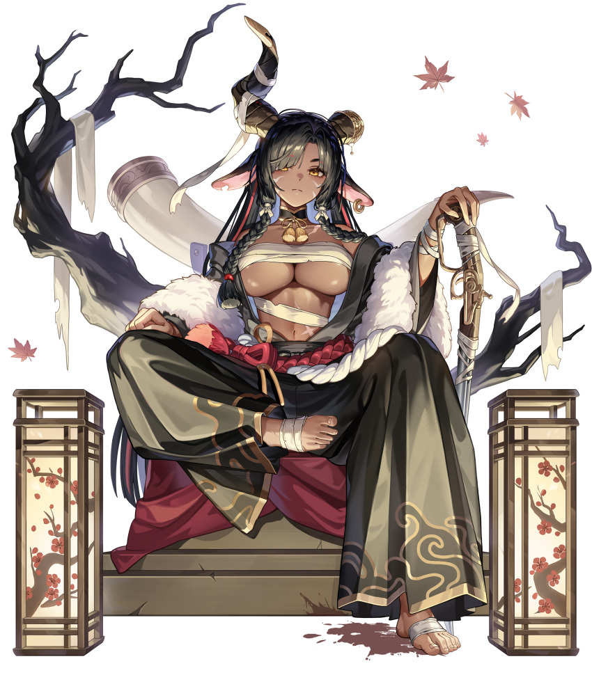 absurdres animal_ears bad_link bare_shoulders black_hair breasts chest_sarashi cleavage collarbone dark_skin detached_collar earrings female game_cg guardian_tales gun highres holding holding_gun holding_weapon horn_huntress_toga horns jewelry large_breasts long_hair looking_at_viewer navel official_art orange_eyes sarashi scar scar_on_stomach single_earring solo underboob very_long_hair weapon