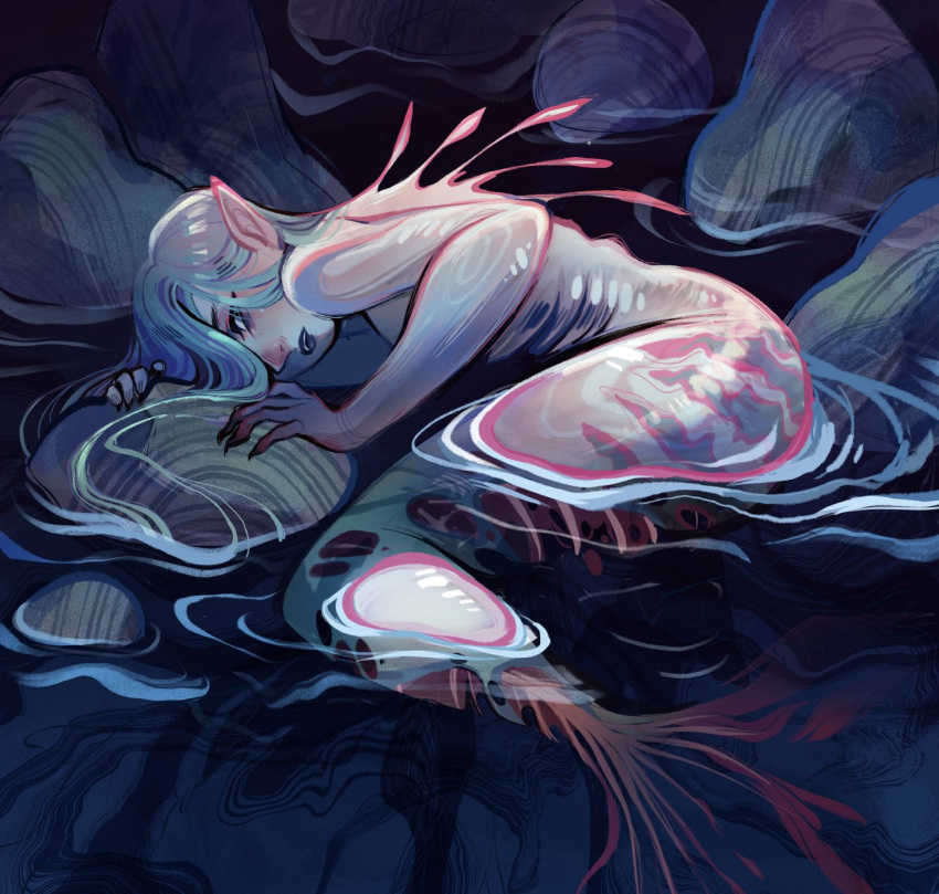 blood blue_eyes blue_hair commentary deep_wound english_commentary feefal female fingernails fins highres injury long_hair looking_at_viewer mermaid monster_girl original pointy_ears rock sharp_fingernails sick solo teeth water