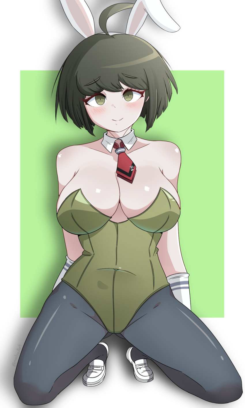 ahoge alternate_costume animal_ears bare_shoulders breasts brown_eyes brown_hair cleavage collarbone covered_navel danganronpa_(series) danganronpa_another_episode:_ultra_despair_girls female green_background green_leotard highres kneeling large_breasts leotard matraart naegi_komaru necktie playboy_bunny rabbit_ears red_necktie shiny_skin short_hair short_necktie white_background white_footwear