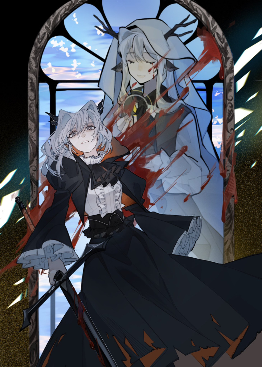 2girls alina_(arknights) animal_ears antlers arknights ascot black_jacket black_skirt blood blood_on_clothes broken_glass candle chinese_commentary closed_eyes commentary_request deer_antlers deer_ears deer_girl feet_out_of_frame glass grey_eyes grey_hair grimace highres holding holding_sword holding_weapon horns jacket long_hair long_sleeves looking_at_viewer multiple_girls resul_(scripppppp) shirt short_hair skirt smile stained_glass sword talulah_(arknights) upper_body veil weapon white_shirt