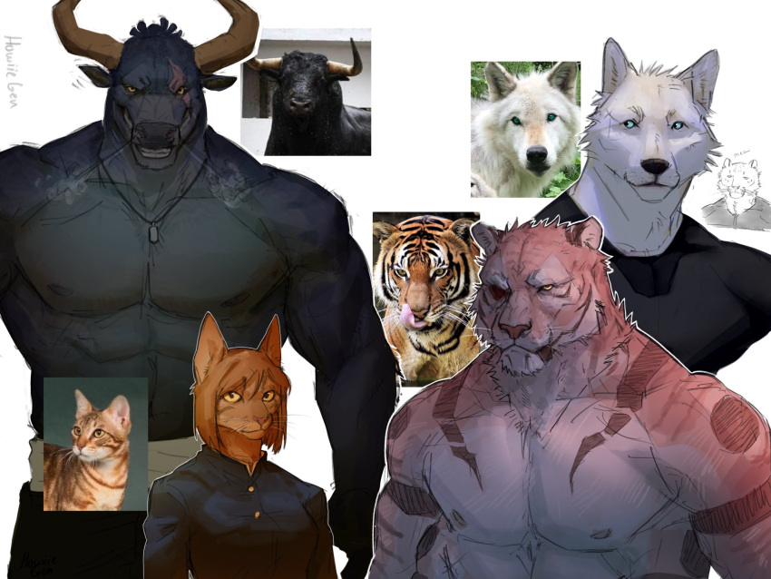 3boys abs black_fur cat_girl dingle_(howiiegen) female furrification furry gojou_satoru highres jujutsu_kaisen kugisaki_nobara large_pectorals looking_at_viewer male_focus minotaur multiple_boys muscular muscular_male nipples orange_fur pectorals photo_inset ryoumen_sukuna_(jujutsu_kaisen) scar scar_across_eye thick_eyebrows tiger_boy topless_male toudou_aoi_(jujutsu_kaisen) white_fur wolf_boy