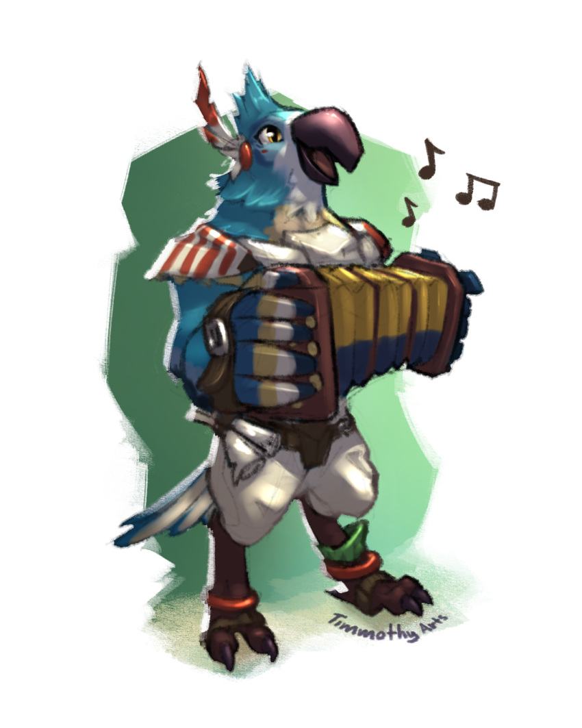 4:5 accordion anthro avian beak blue_body brown_beak clothed clothing full-length_portrait glistening glistening_eyes hi_res holding_musical_instrument holding_object male musical_instrument open_mouth playing_music portrait simple_background solo standing timmothy_arts white_body yellow_eyes