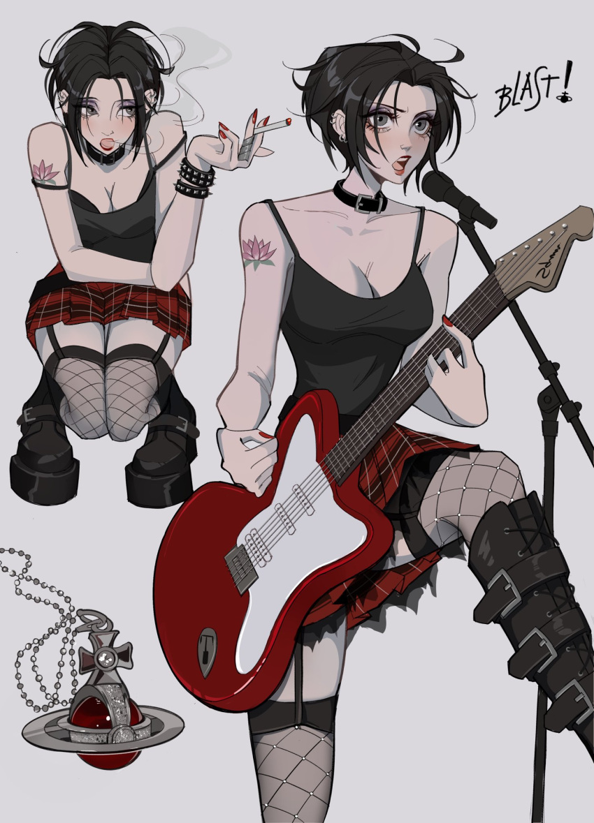 black_footwear black_hair black_tank_top boots cigarette female flower flower_tattoo full_body grey_eyes guitar highres holding holding_cigarette instrument jewelry knee_boots lipstick lotus makeup microphone microphone_stand miniskirt music nail_polish nana_(series) necklace osaki_nana plaid_clothes plaid_skirt pleated_skirt red_lips red_nails shmalloe short_hair shoulder_tattoo simple_background singing skirt smoking solo tank_top tattoo thighhighs white_background