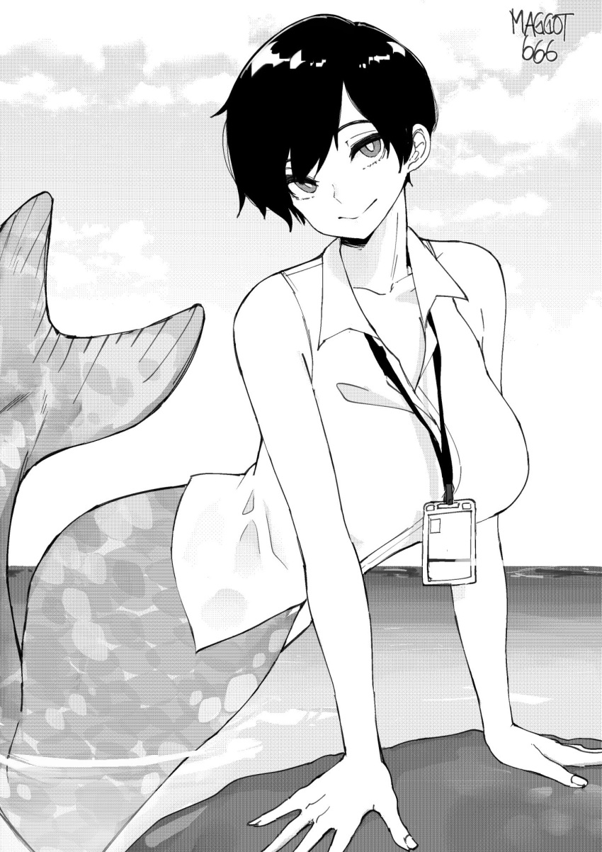 artist_name breasts closed_mouth collarbone collared_shirt commentary commission english_commentary female greyscale highres id_card lanyard large_breasts mermaid monochrome monster_girl norman_maggot ocean office_lady original outdoors shirt short_hair sleeveless sleeveless_shirt smile solo water watermark