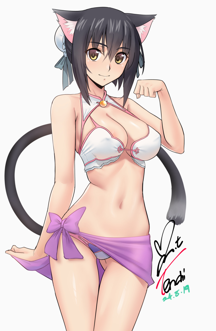 animal_ears bikini blush breasts cat_ears cat_girl cat_tail cleavage cleavage_cutout clothing_cutout commission covered_nipples female hair_bun highres large_breasts long_hair looking_at_viewer navel paw_pose pixiv_commission sarong shining_(series) shining_hearts simple_background smile solo swimsuit tail white_background white_bikini xiao-mei yellow_eyes yoo_tenchi