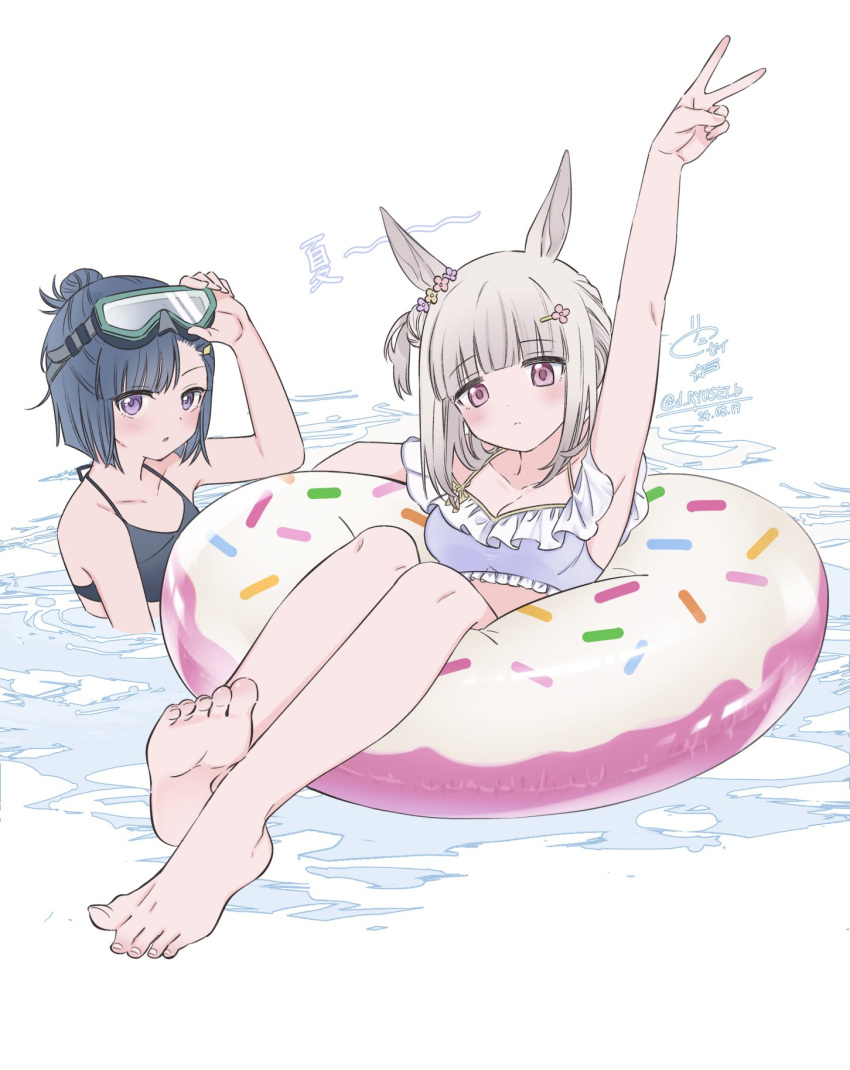 2girls alternate_costume animal_ears arm_up armpits black_hair breasts character_request goggles goggles_on_head happy_meek_(umamusume) highres horse_ears innertube looking_at_viewer medium_breasts medium_hair multiple_girls purple_eyes ryusei_(ryusei_b) sitting swim_ring swimsuit umamusume v white_background