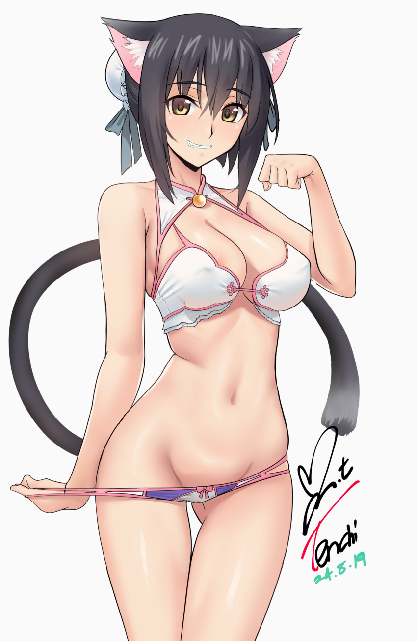 animal_ears bikini bikini_bottom_pull blush breasts cat_ears cat_girl cat_tail cleavage cleavage_cutout clothing_cutout commission covered_nipples female hair_bun highres large_breasts long_hair looking_at_viewer navel pixiv_commission shining_(series) shining_hearts simple_background smile solo swimsuit tail white_background white_bikini xiao-mei yellow_eyes yoo_tenchi