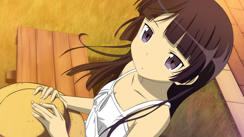 bare_arms bench black_hair blunt_bangs claria collarbone commentary_request dress female from_above gokou_ruri grass hat highres long_hair looking_at_viewer mole mole_under_eye ore_no_imouto_ga_konna_ni_kawaii_wake_ga_nai parted_lips purple_eyes simple_background sitting solo straw_hat sun_hat sundress white_dress