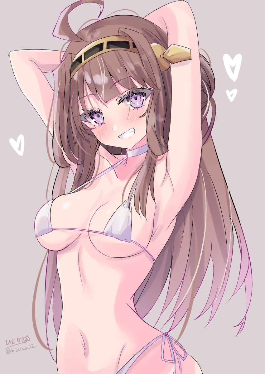 absurdres ahoge arms_behind_head bikini brown_hair choker commentary_request female gold_hairband grey_background grin hairband headgear heart highres hizaka kantai_collection kongou_(kancolle) long_hair micro_bikini one-hour_drawing_challenge purple_eyes side-tie_bikini_bottom smile solo swimsuit white_bikini white_choker