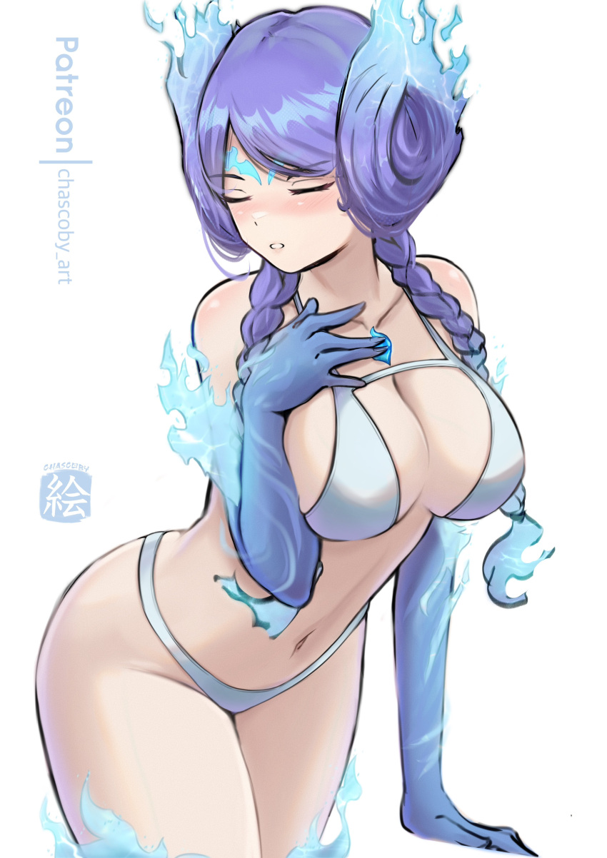 absurdres bikini blush braid breasts brighid_(xenoblade) chascoby closed_eyes collarbone female fiery_hair fire gloves highres large_breasts long_hair purple_hair swimsuit twin_braids xenoblade_chronicles_(series) xenoblade_chronicles_2