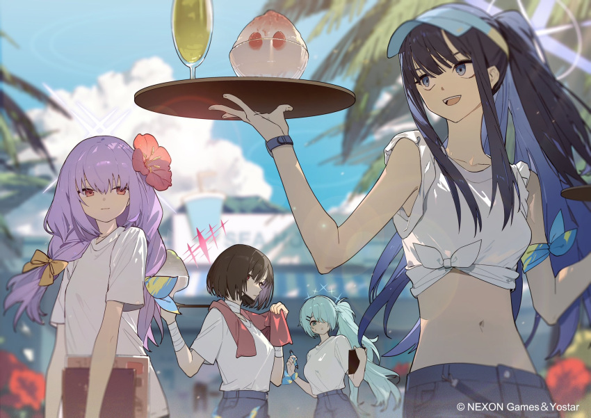 4girls aqua_hair arius_squad_(blue_archive) atsuko_(blue_archive) blue_archive blue_hair brown_hair food halo highres hiyori_(blue_archive) misaki_(blue_archive) multiple_girls navel official_alternate_costume official_art purple_hair saori_(blue_archive) shaved_ice shirt white_shirt zhibuji_loom