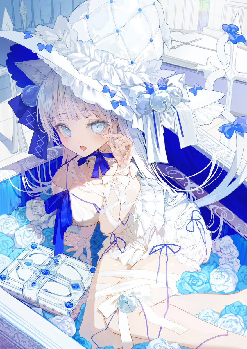 :o animal_ear_fluff animal_ears arm_support bell bent_back bloomers blue_bow blue_eyes blue_flower blue_gemstone blue_ribbon blue_rose blunt_bangs blush book bow bra breasts cat_ears cat_girl cat_tail chest_harness choker cleavage coffin cross female flower front-tie_bra gem gloves grey_hair grimoire hair_bell hair_ornament hair_ribbon hand_up harness hat hat_ornament hat_ribbon heart heart_tail highres jewelry jingle_bell large_breasts long_hair looking_at_viewer multiple_hat_bows multiple_tails neck_bell neck_ribbon necklace negimapurinn oerba_yun_fang original parted_lips pearl_necklace ribbon ribbon_bra rose see-through see-through_gloves sitting solo tail tail_bow tail_ornament two_tails underwear white_bloomers white_bra white_choker white_flower white_hat white_ribbon white_rose white_wrist_cuffs witch witch_hat wrist_cuffs yokozuwari