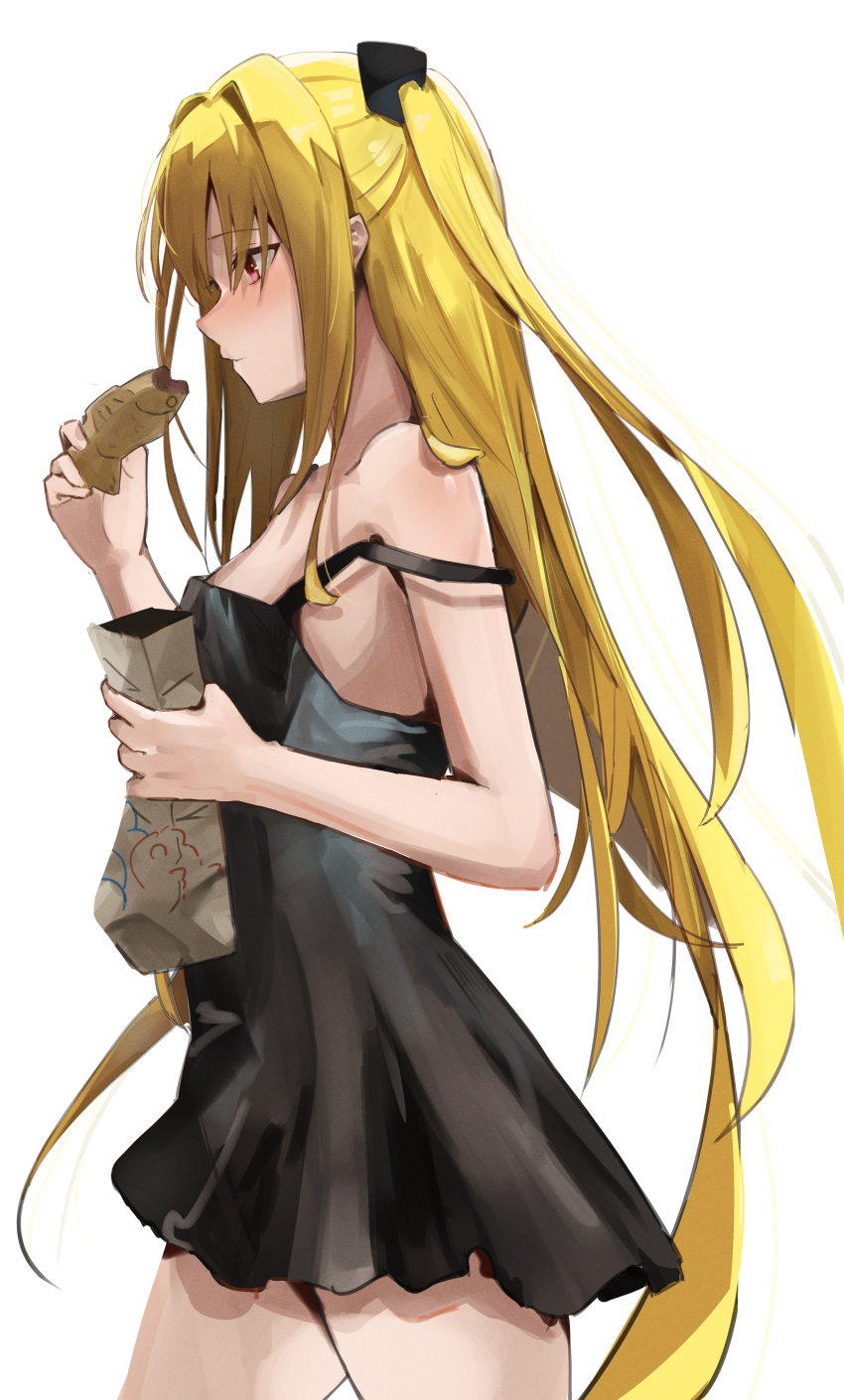 absurdres adapted_costume backboob bag black_dress blonde_hair blush breasts closed_mouth commentary cowboy_shot dress female food from_side hair_between_eyes hair_intakes highres holding holding_bag holding_food i_hinoe konjiki_no_yami long_hair looking_at_food medium_breasts no_bra profile red_eyes short_dress sidelocks simple_background sleeveless sleeveless_dress solo strap_slip taiyaki to_love-ru to_love-ru_darkness tsurime two_side_up very_long_hair wagashi white_background