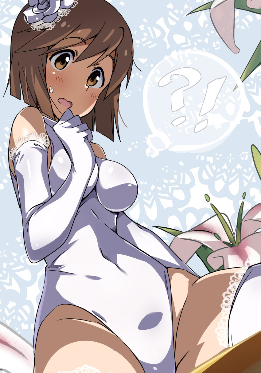 !? absurdres bare_shoulders blue_background blush bob_cut breasts brown_eyes brown_hair clenched_hand covered_navel elbow_gloves female flower gloves hagiwara_yukiho hair_flower hair_ornament hand_up highres idolmaster idolmaster_(classic) idolmaster_million_live! idolmaster_million_live!_theater_days leotard lily_(flower) medium_breasts open_mouth short_hair solo sweatdrop thighhighs thought_bubble tokiani white_flower white_gloves white_leotard white_thighhighs