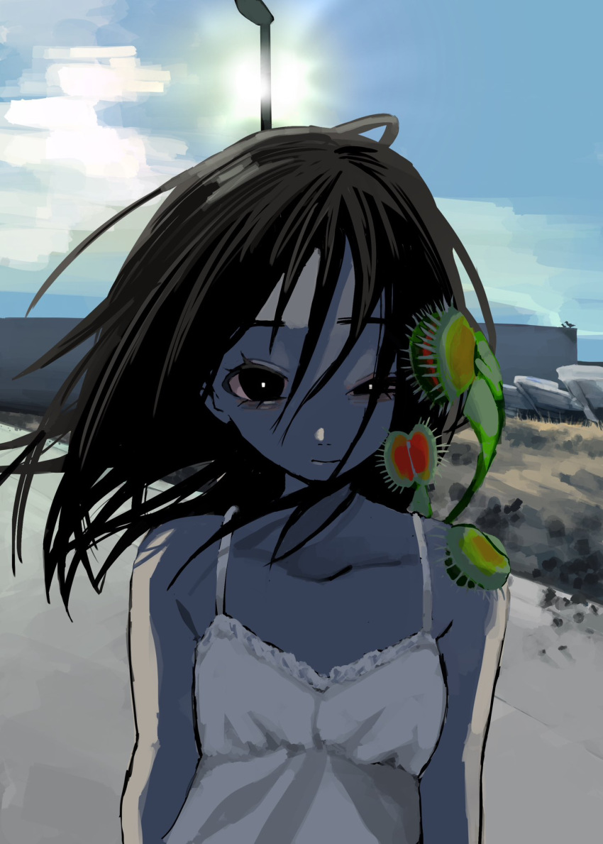 bare_shoulders black_eyes black_hair closed_mouth collarbone colored_skin day dress female floating_hair grey_skin half-closed_eye highres lamppost long_hair looking_at_viewer original outdoors plant sleeveless sleeveless_dress solo spaghetti_strap standing sun upper_body urokogaran venus_flytrap white_dress