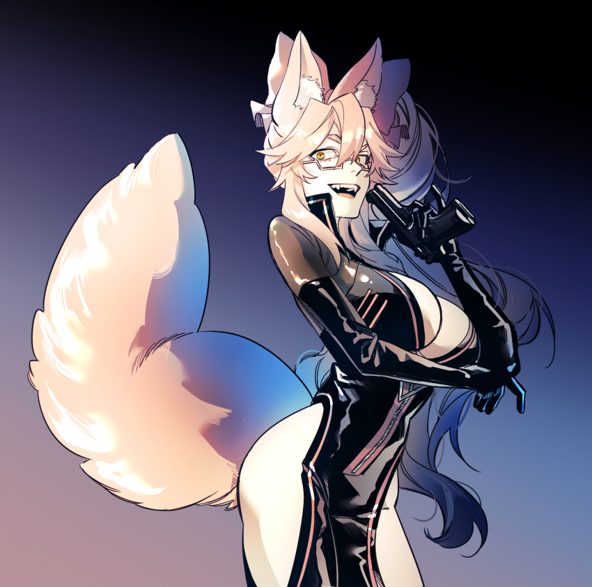 animal_ear_fluff animal_ears arm_under_breasts black_bodysuit black_gloves bodysuit bow breasts cowboy_shot elbow_gloves fangs fate/grand_order fate_(series) female fox_ears fox_girl fox_tail glasses gloves gradient_background gun hair_between_eyes hairbow hand_up highres hip_vent holding holding_gun holding_weapon jamong120 koyanskaya_(assassin)_(first_ascension)_(fate) koyanskaya_(fate) large_breasts long_hair looking_at_viewer open_bodysuit open_clothes open_mouth partially_unzipped pink_bow pink_hair pinky_out ponytail popped_collar purple_background side_ponytail simple_background smile solo tail tamamo_(fate) teeth upper_teeth_only weapon white-framed_eyewear yellow_eyes